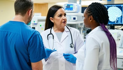 Clinical research team collaborating in a hospital setting Clinical research team collaborating in a hospital setting