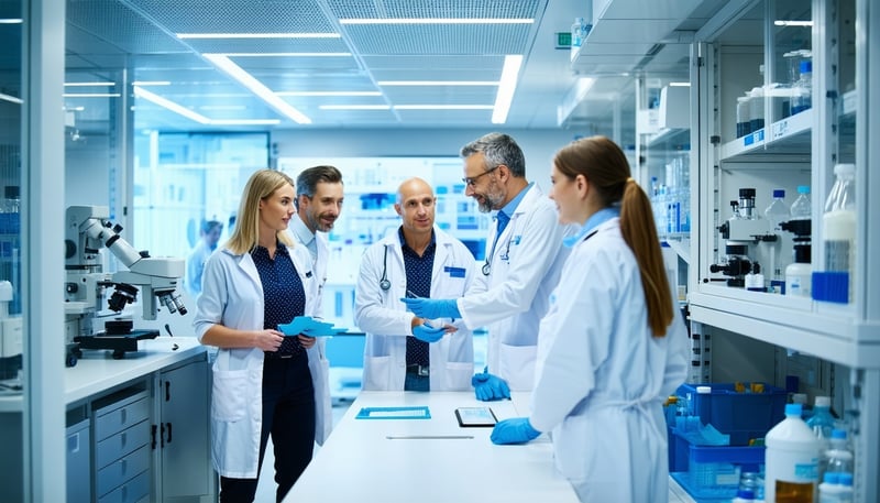 Clinical research team collaborating in a modern medical facility Clinical research team collaborating in a modern medical facility
